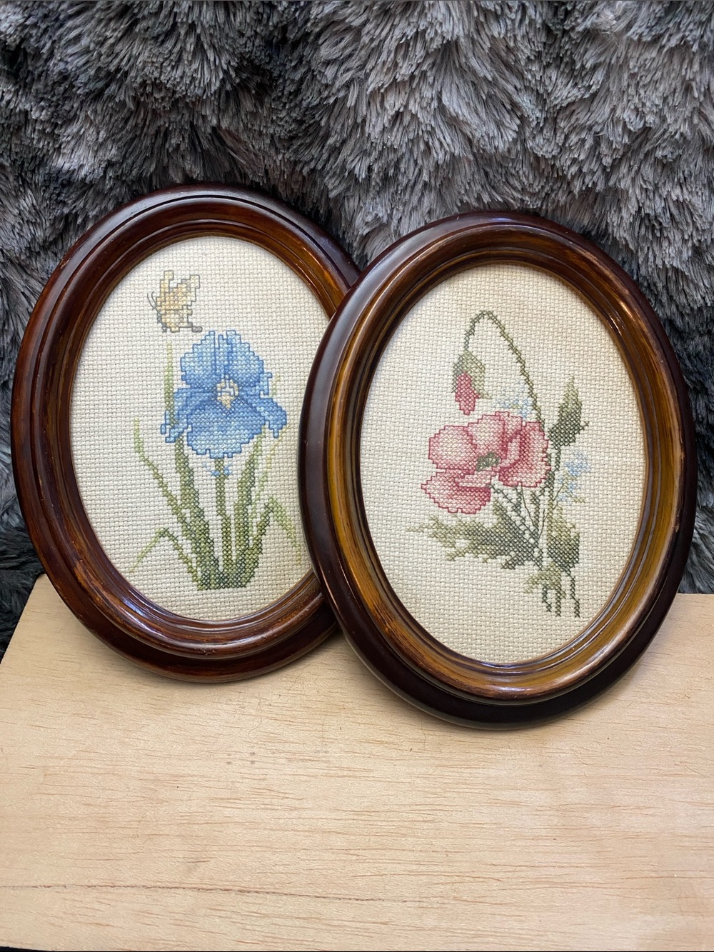 Vintage Set of Framed Floral Cross-Stitch Pictures Blue and Pink